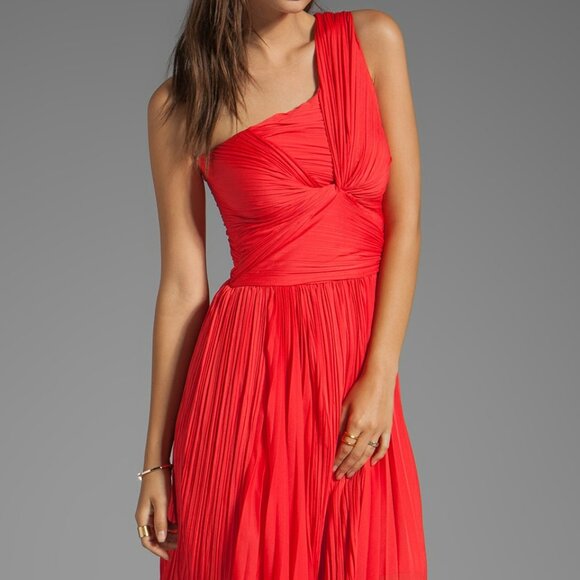Halston Heritage One Shoulder Pleated Dress With Center Twist in Poppy.  SZ 0 - Picture 2 of 7